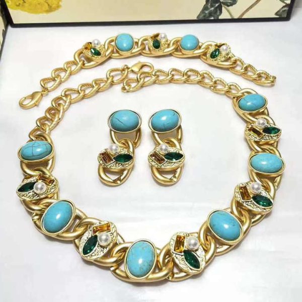 Luxury Indian Western Brass Turquoise Stone Jewelry Set Pure Gold Plated for Wedding Party Engagement Fashionable Fashion for