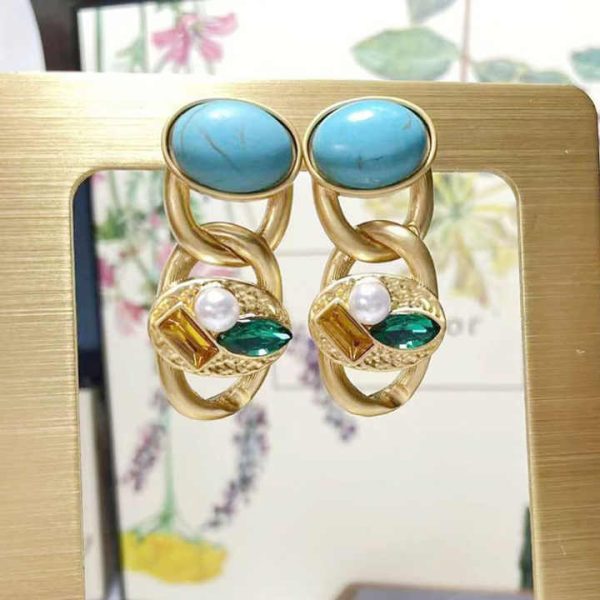 Luxury Indian Western Brass Turquoise Stone Jewelry Set Pure Gold Plated for Wedding Party Engagement Fashionable Fashion for