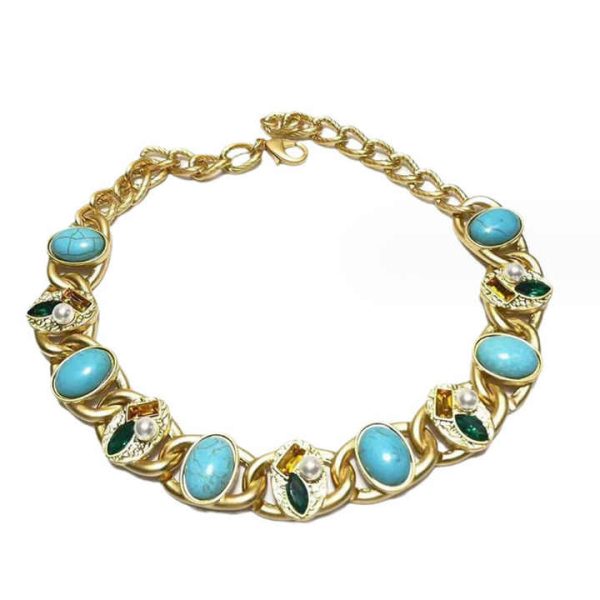 Luxury Indian Western Brass Turquoise Stone Jewelry Set Pure Gold Plated for Wedding Party Engagement Fashionable Fashion for