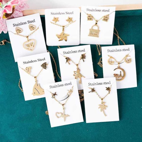 Fashion Jewelry Set Women Stainless Steel Real Gold Plated Heart Butterfly Pendant Necklace and Stud Earrings Set for Gift