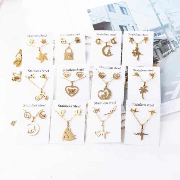 Fashion Jewelry Set Women Stainless Steel Real Gold Plated Heart Butterfly Pendant Necklace and Stud Earrings Set for Gift