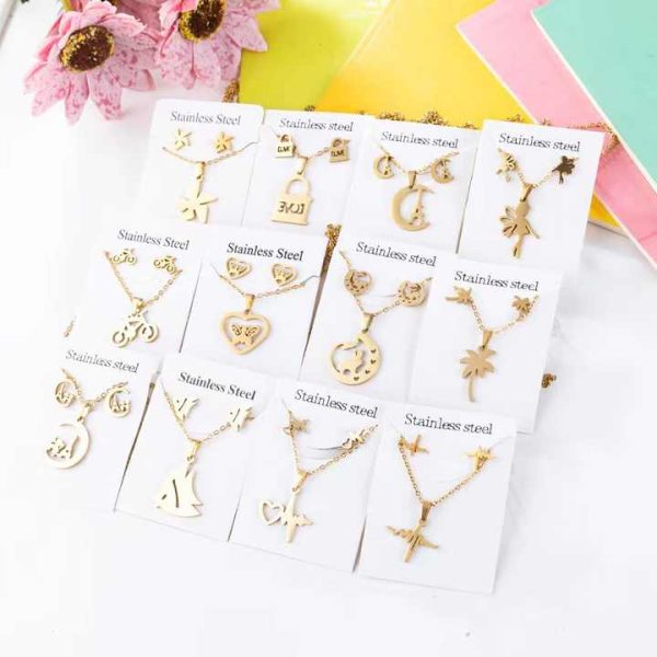 Fashion Jewelry Set Women Stainless Steel Real Gold Plated Heart Butterfly Pendant Necklace and Stud Earrings Set for Gift