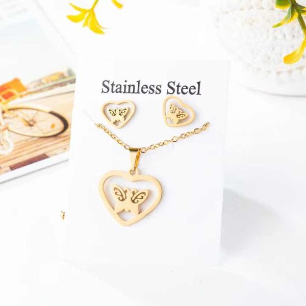 Fashion Jewelry Set Women Stainless Steel Real Gold Plated Heart Butterfly Pendant Necklace and Stud Earrings Set for Gift