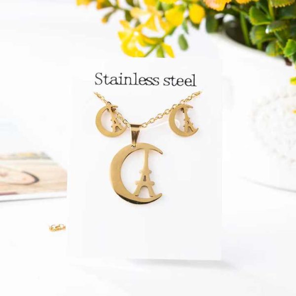 Fashion Jewelry Set Women Stainless Steel Real Gold Plated Heart Butterfly Pendant Necklace and Stud Earrings Set for Gift