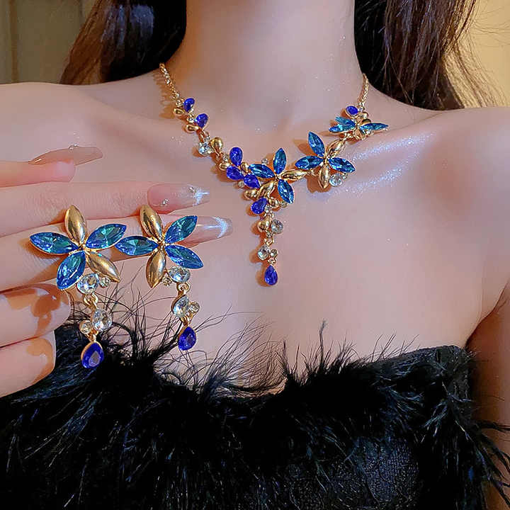 Women Fashion Crystal Rhinestone Necklace and Earrings Five Leaves Flower Jewelry Sets for Wedding