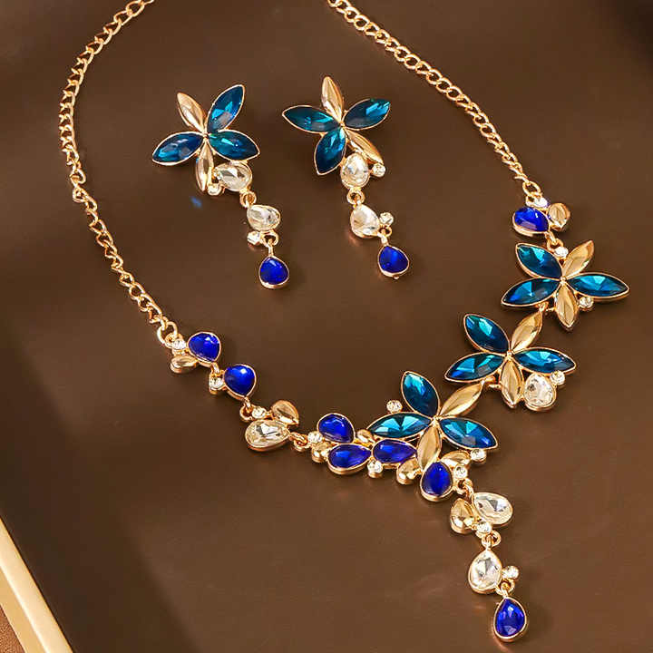 Women Fashion Crystal Rhinestone Necklace and Earrings Five Leaves Flower Jewelry Sets for Wedding