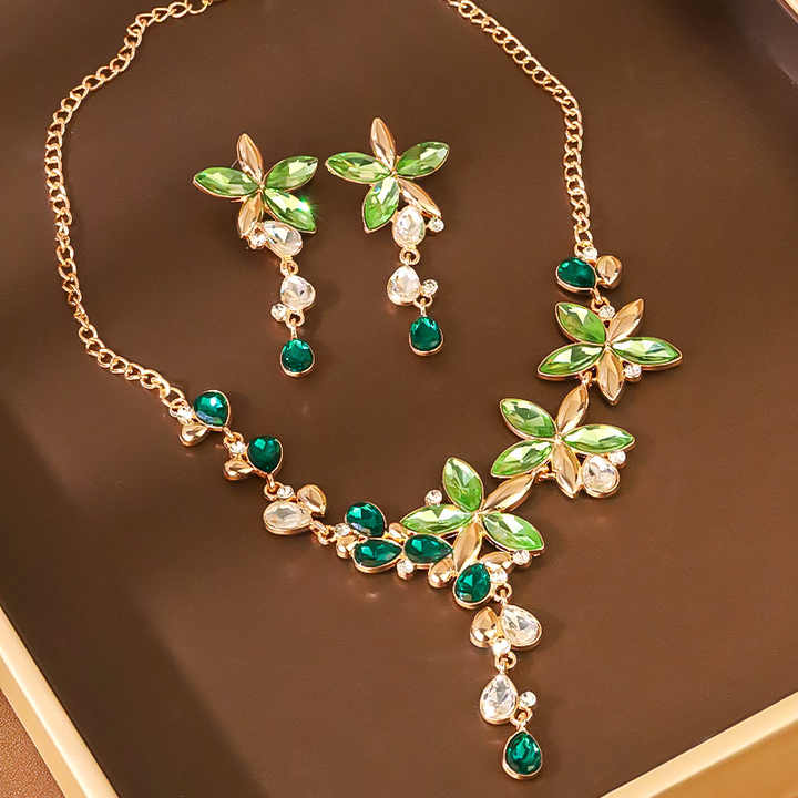 Women Fashion Crystal Rhinestone Necklace and Earrings Five Leaves Flower Jewelry Sets for Wedding