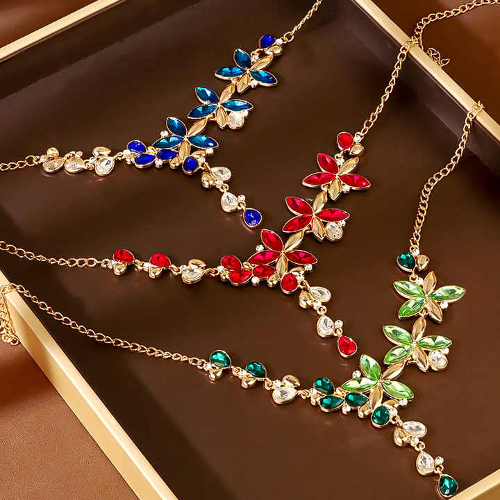 Women Fashion Crystal Rhinestone Necklace and Earrings Five Leaves Flower Jewelry Sets for Wedding