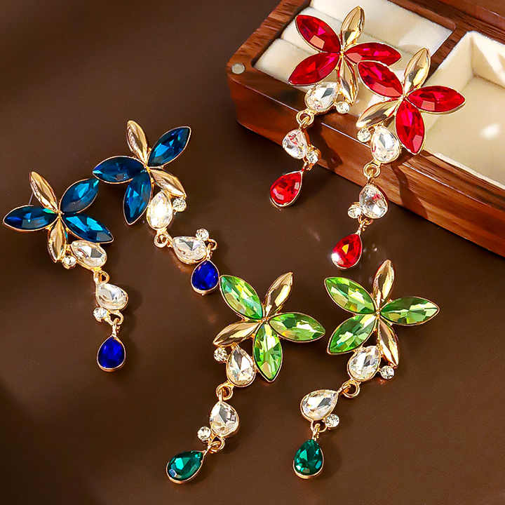 Women Fashion Crystal Rhinestone Necklace and Earrings Five Leaves Flower Jewelry Sets for Wedding