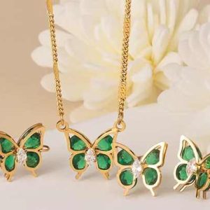 Women's Bohemia Butterfly Jewelry Set 18K Gold Plated Stainless Steel Green Zircon Adjustable Necklace Bracelet Earrings