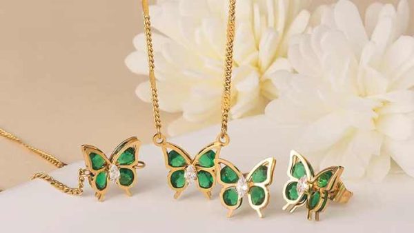 Women's Bohemia Butterfly Jewelry Set 18K Gold Plated Stainless Steel Green Zircon Adjustable Necklace Bracelet Earrings