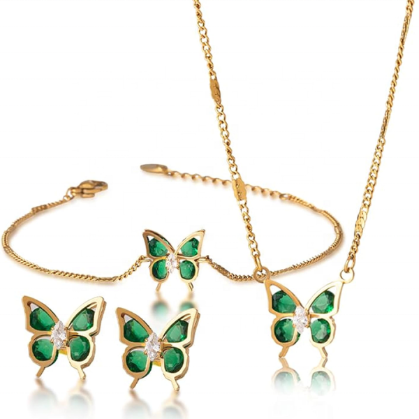 Women's Fashion Butterfly Jewelry Set 18K Gold Stainless Steel Adjustable Green Zirconia Butterfly Necklace Bracelet Earrings