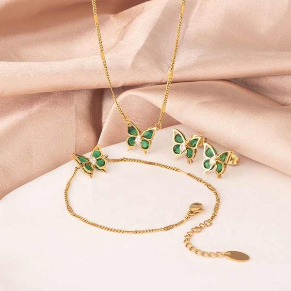 Women's Fashion Butterfly Jewelry Set 18K Gold Stainless Steel Adjustable Green Zirconia Butterfly Necklace Bracelet Earrings