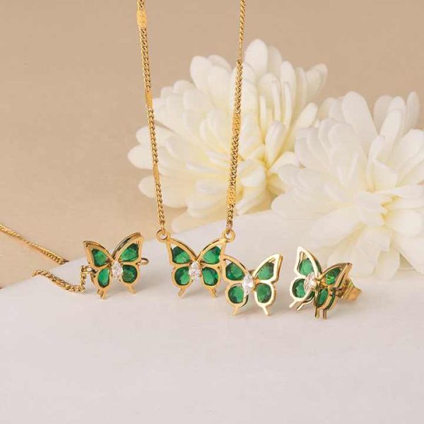 Women's Fashion Butterfly Jewelry Set 18K Gold Stainless Steel Adjustable Green Zirconia Butterfly Necklace Bracelet Earrings