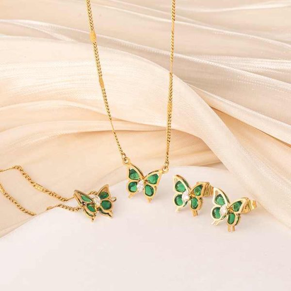 Women's Fashion Butterfly Jewelry Set 18K Gold Stainless Steel Adjustable Green Zirconia Butterfly Necklace Bracelet Earrings