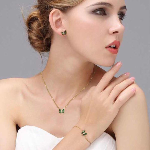 Women's Fashion Butterfly Jewelry Set 18K Gold Stainless Steel Adjustable Green Zirconia Butterfly Necklace Bracelet Earrings