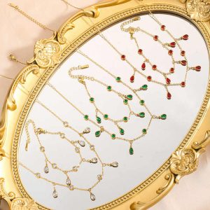 Vintage Stainless Steel Cubic Zirconia Water Droplet Necklace Bracelet Set for Weddings Anniversaries