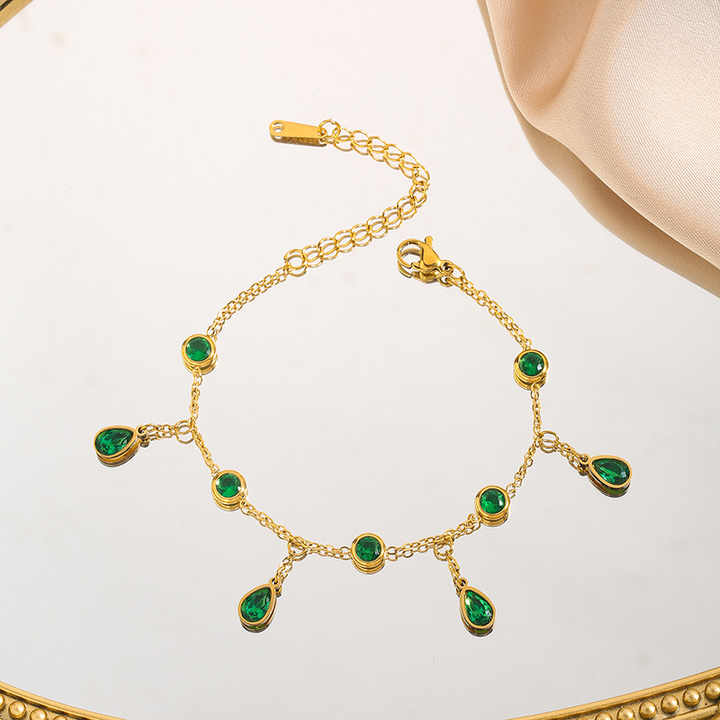 Fashion Stainless Steel Clear Colorful Cubic Zirconia Water Droplet Charm Necklace Bracelet for Weddings Jewelry Set