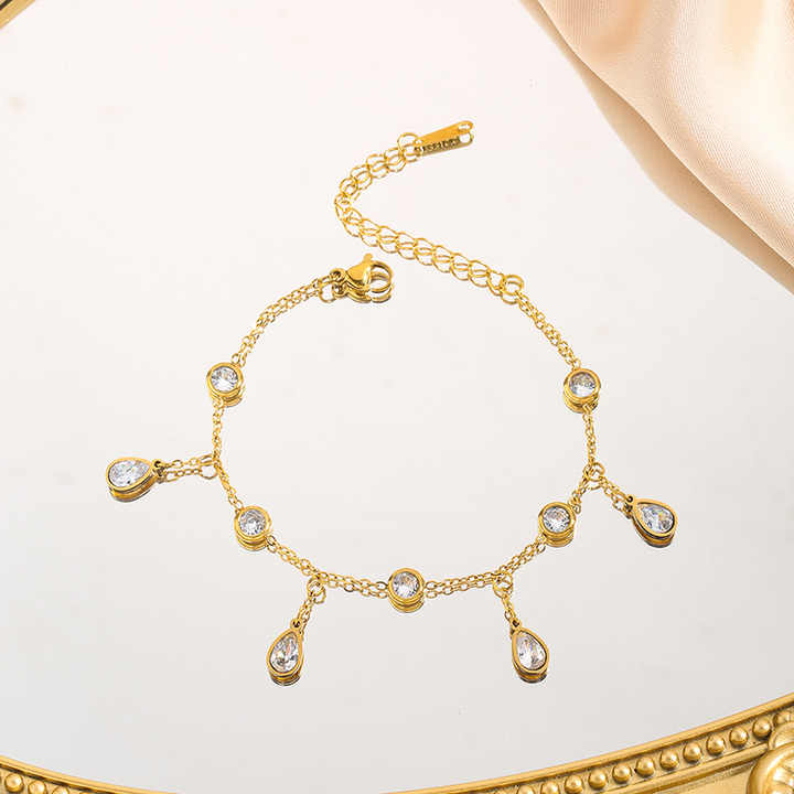 Fashion Stainless Steel Clear Colorful Cubic Zirconia Water Droplet Charm Necklace Bracelet for Weddings Jewelry Set