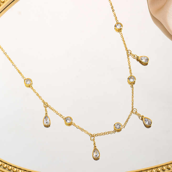 Fashion Stainless Steel Clear Colorful Cubic Zirconia Water Droplet Charm Necklace Bracelet for Weddings Jewelry Set