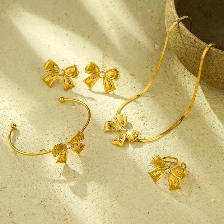 4pcs Bowknot Fashion Jewelry Set Women Stainless Steel Butterfly Zircon Blade Chain Necklace Earrings Bracelet Rings Set(JYS082)