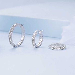 Vintage 925 Sterling Silver Zircon Jewelry Set with Hoop Earrings, Ring, Necklace