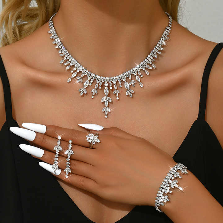 Fashionable Luxury Tassel Full Diamond Necklace Earrings Bracelet Ring Four Piece Set Minimalist
