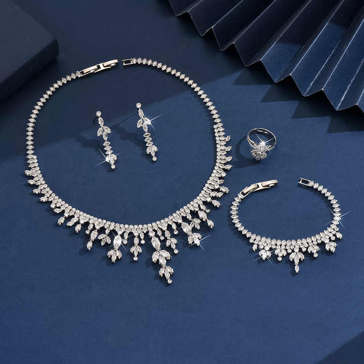 Fashionable Luxury Tassel Full Diamond Necklace Earrings Bracelet Ring Four Piece Set Minimalist