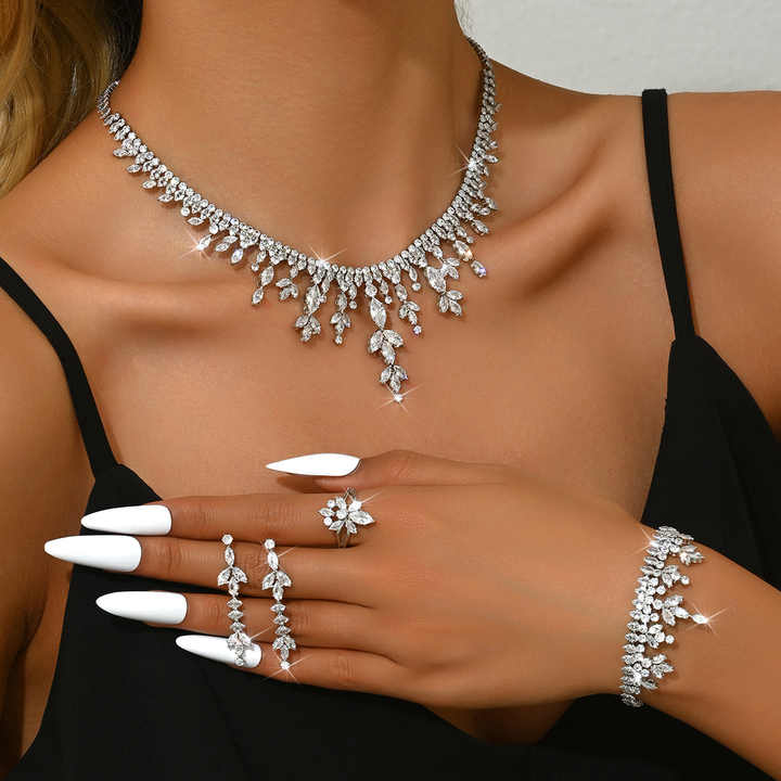 Fashionable Luxury Tassel Full Diamond Necklace Earrings Bracelet Ring Four Piece Set Minimalist