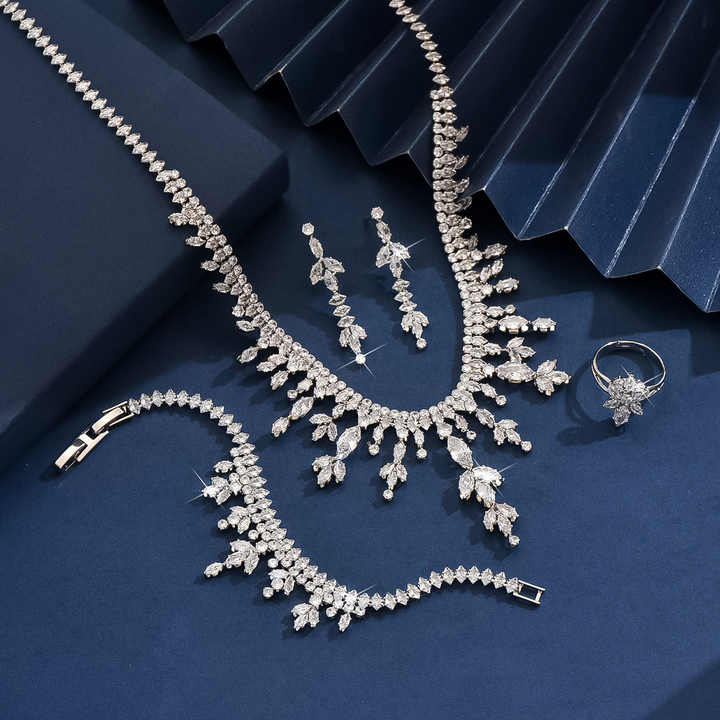 Fashionable Luxury Tassel Full Diamond Necklace Earrings Bracelet Ring Four Piece Set Minimalist