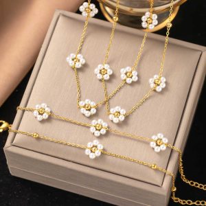 Trendy Women's Stainless Steel Jewelry Set with Pearl Flower Charm Necklace and Bracelet 18K Gold Plated