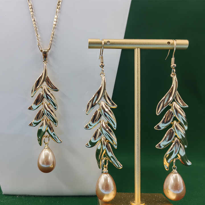 Fashion Hawaiian Style 18K Gold Pearl Necklace Earrings Set Wholesale Jewelry