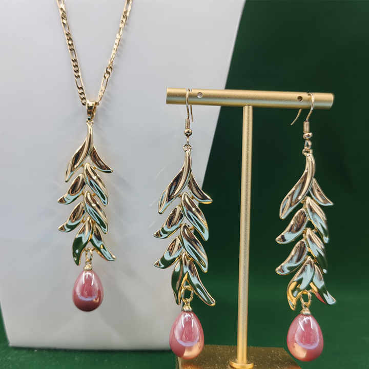 Fashion Hawaiian Style 18K Gold Pearl Necklace Earrings Set Wholesale Jewelry