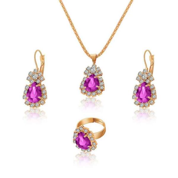European and American Three Piece Jewelry Women Bridal Fashion Necklace Earrings Rings Set