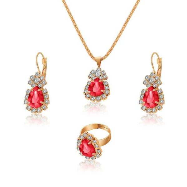 European and American Three Piece Jewelry Women Bridal Fashion Necklace Earrings Rings Set