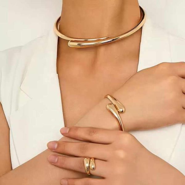 Wholesale Fashion 3pcs/Set Teardrop Jewelry Sets Gold Plated Alloy Water Drop Necklace Choker Bracelet Ring Jewelry Sets Women