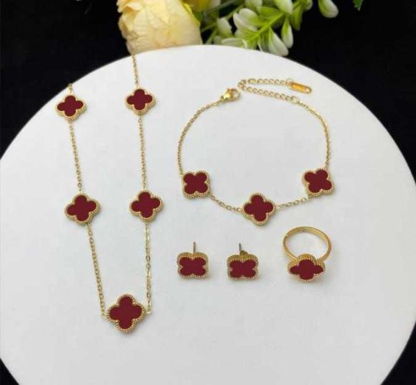 4 PCS/Sets European Jewelry Purple Four Leaf Clover Shell Flower Bracelet Plated 18K Gold Stainless Steel Fashion Jewelry Set