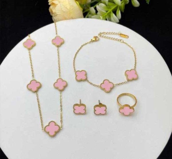 4 PCS/Sets European Jewelry Purple Four Leaf Clover Shell Flower Bracelet Plated 18K Gold Stainless Steel Fashion Jewelry Set