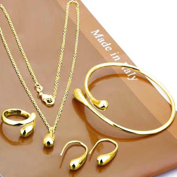VKME New Fashion 4pcs/set Silver Drop Women Jewelry Set Necklace Earrings Twisted Rings and Bangle Gold Plated Jewelry Sets