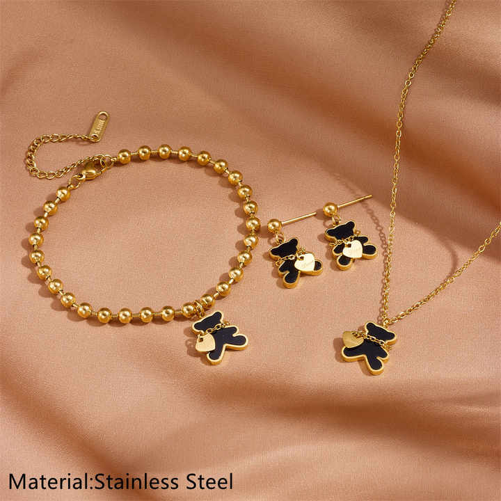 Fashion Jewelry Sets Stainless Steel Necklace Bracelet Earrings White Shell Cute Bear Heart Titanium Steel Jewelry Sets