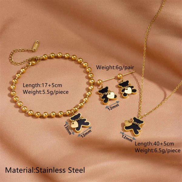 Fashion Jewelry Sets Stainless Steel Necklace Bracelet Earrings White Shell Cute Bear Heart Titanium Steel Jewelry Sets