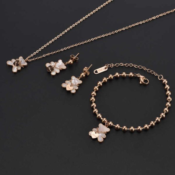 Fashion Jewelry Sets Stainless Steel Necklace Bracelet Earrings White Shell Cute Bear Heart Titanium Steel Jewelry Sets