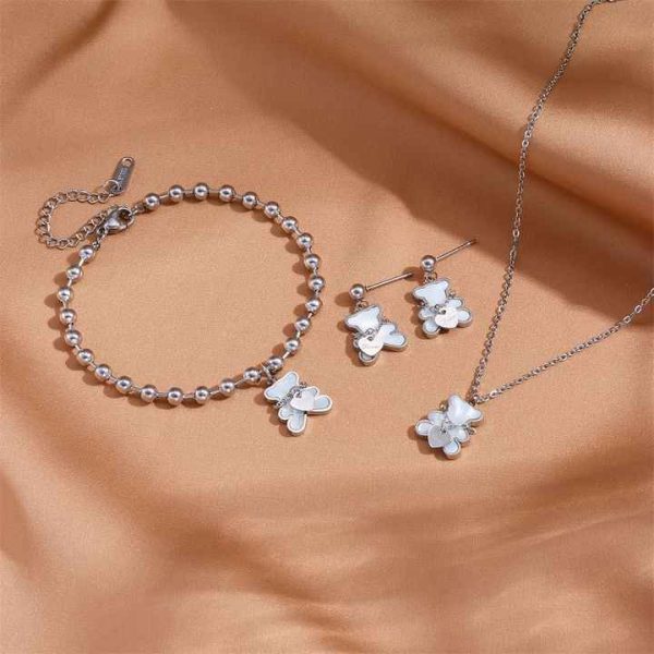 Fashion Jewelry Sets Stainless Steel Necklace Bracelet Earrings White Shell Cute Bear Heart Titanium Steel Jewelry Sets