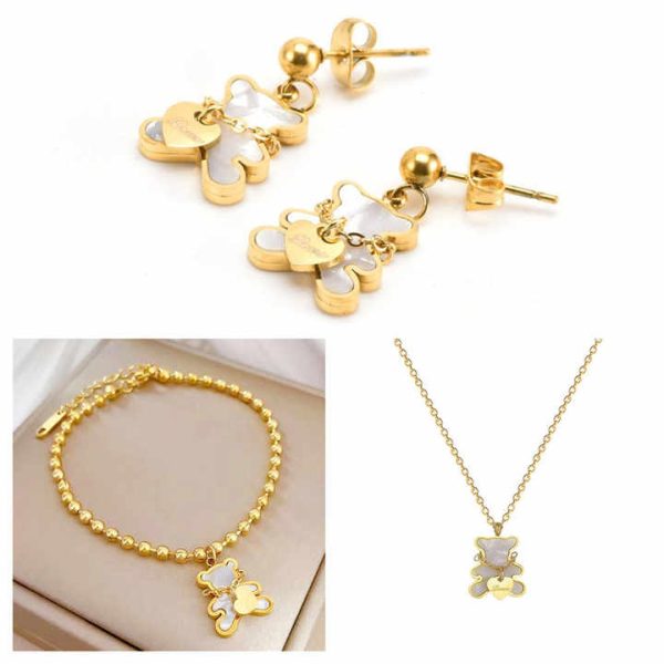 Fashion Jewelry Sets Stainless Steel Necklace Bracelet Earrings White Shell Cute Bear Heart Titanium Steel Jewelry Sets