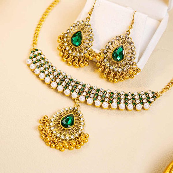 Southeast Asian Retro Bridal Jewelry Two Piece Set Zircon Pearl Necklace Earrings Indian Women's Wedding Fashion Jewelry Set
