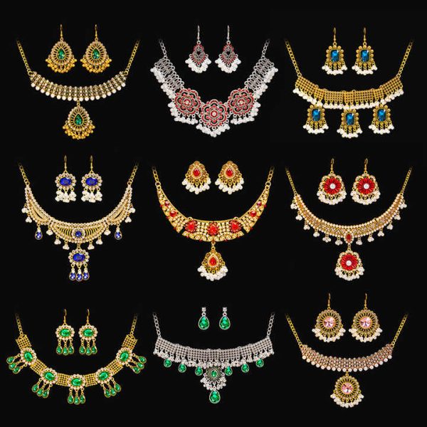 Southeast Asian Retro Bridal Jewelry Two Piece Set Zircon Pearl Necklace Earrings Indian Women's Wedding Fashion Jewelry Set