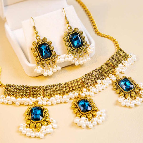 Southeast Asian Retro Bridal Jewelry Two Piece Set Zircon Pearl Necklace Earrings Indian Women's Wedding Fashion Jewelry Set