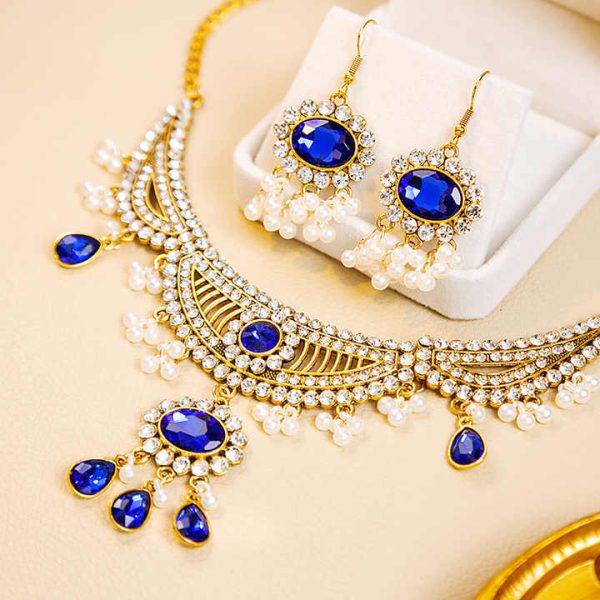 Southeast Asian Retro Bridal Jewelry Two Piece Set Zircon Pearl Necklace Earrings Indian Women's Wedding Fashion Jewelry Set