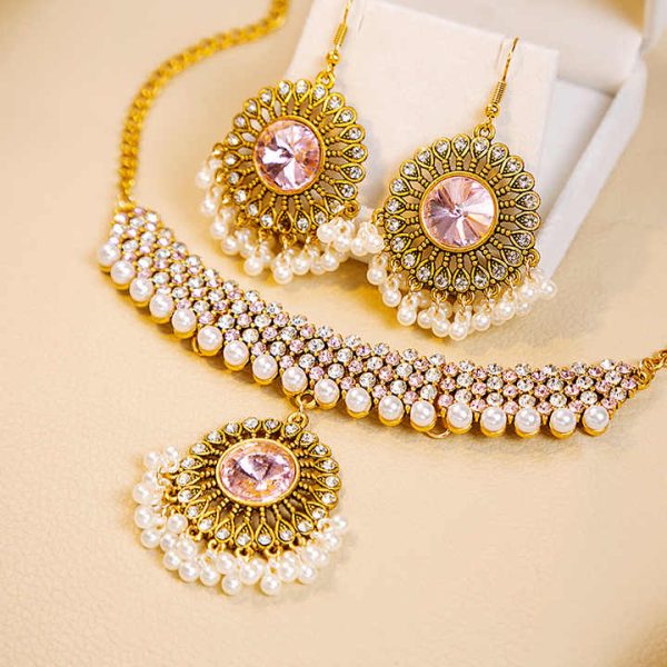Southeast Asian Retro Bridal Jewelry Two Piece Set Zircon Pearl Necklace Earrings Indian Women's Wedding Fashion Jewelry Set