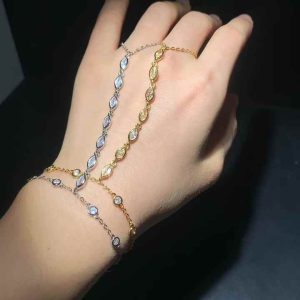 18K Gold Plated Brass 5A Cubic Zirconia Hand Chain Bracelet with Ring Trendy Jewelry Set for Women